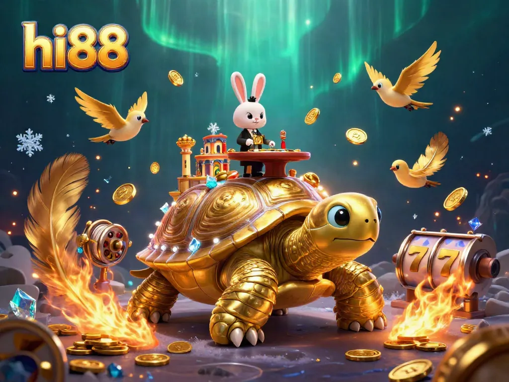 Experience thrilling hi88 casino action featuring a golden tortoise, lucky symbols, and a rabbit dealer.