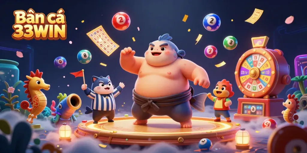 Bắn cá 33WIN showcases vibrant underwater action with a fugu character, catfish referee, and seahorse fans.