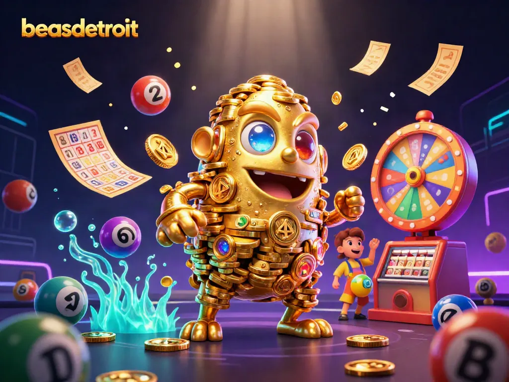 Experience wins with beasdetroit in this vibrant 3D casino illustration showcasing a golden golem.