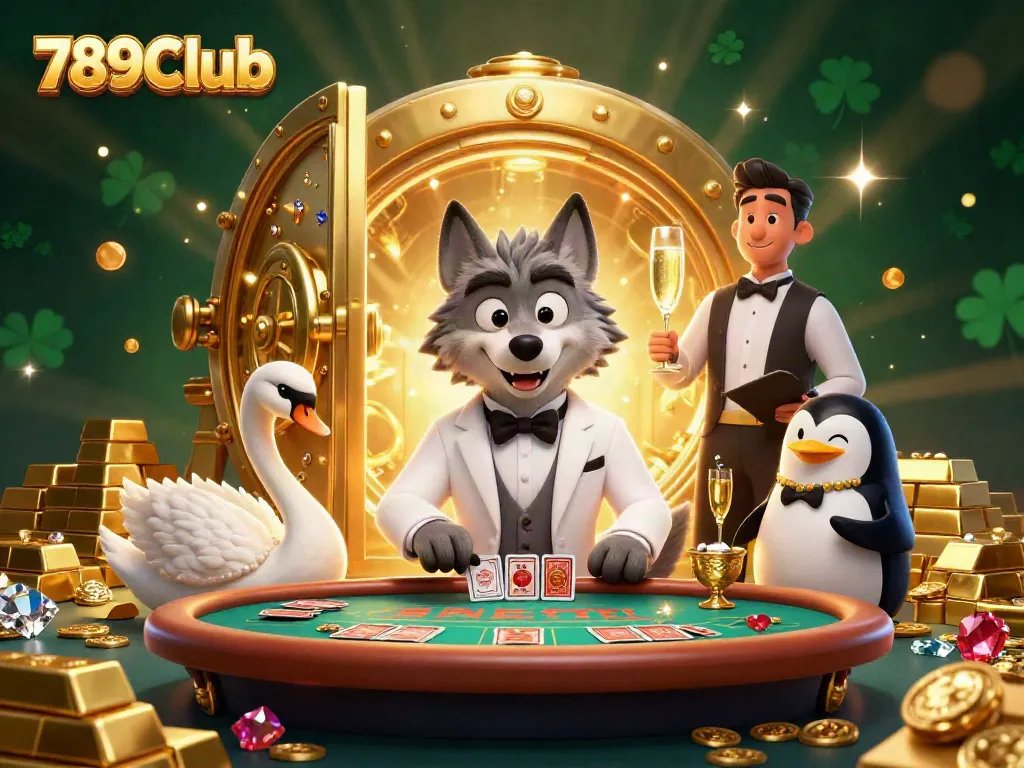 Experience the excitement of 789Club with a captivating baccarat scene featuring vibrant characters and luxurious elements.