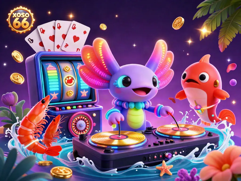 The thrilling spectacle of XOSO 66 showcases vibrant 3D characters DJing and gaming in a lively underwater party.