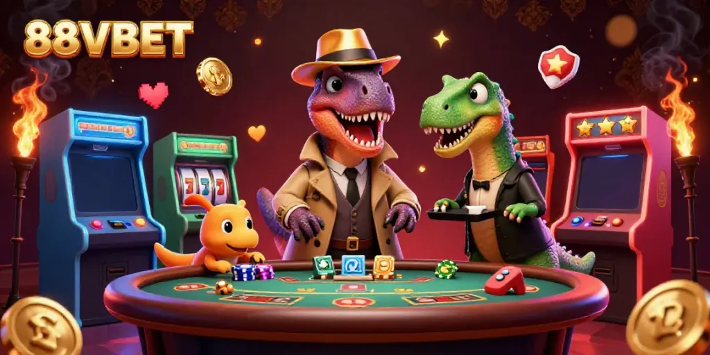 Engage with thrilling 88VBET gaming scenes featuring vibrant characters and casino elements.