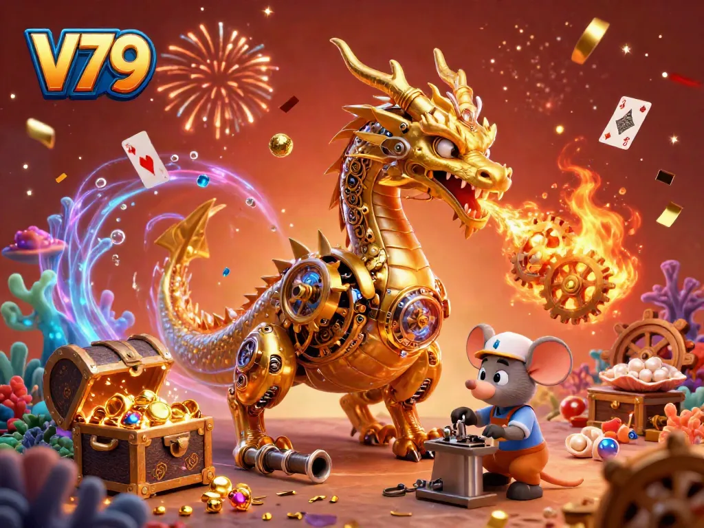 Experience thrilling gameplay with V79, a vibrant scene featuring a mechanical dragon and underwater treasures.