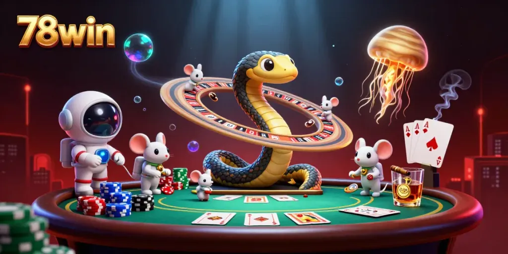 Bet on 78win with astronaut mice at a cosmic roulette, featuring vibrant poker elements.