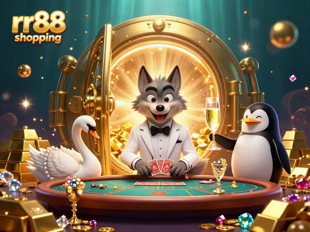 Experience the excitement of rr88 shopping with cartoon characters in a lavish casino scene.