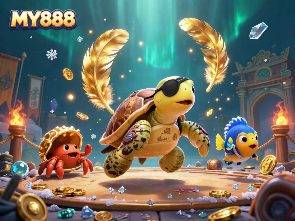 Engaging MY888 illustration with a pirate turtle and treasures, perfect for casino promotions.