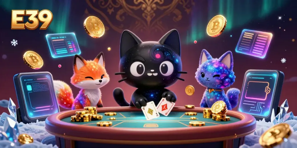 E39 captivates players with a cosmic casino scene where a black hole cat pulls in chips and cards surrounded by vibrant crypto elements.