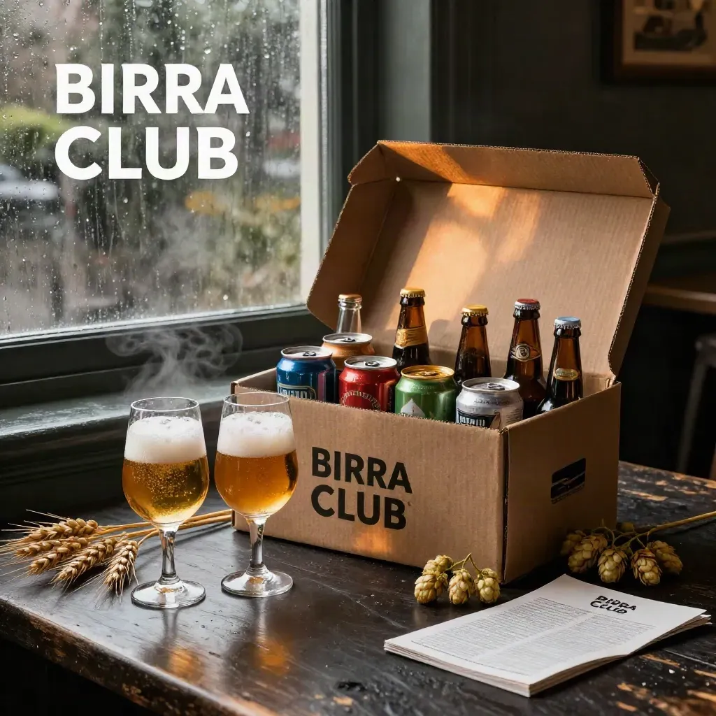 Box di birre artigianali aperto su tavolo da pub bagnato, con calici tulip e luce ambrata.