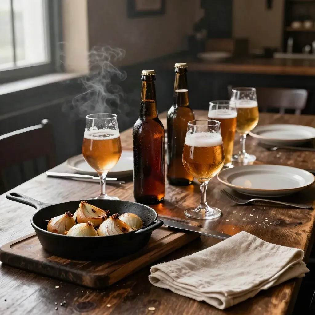 Sei birre artigianali autunnali accanto a cipolle arrosto su un lungo tavolo da pub