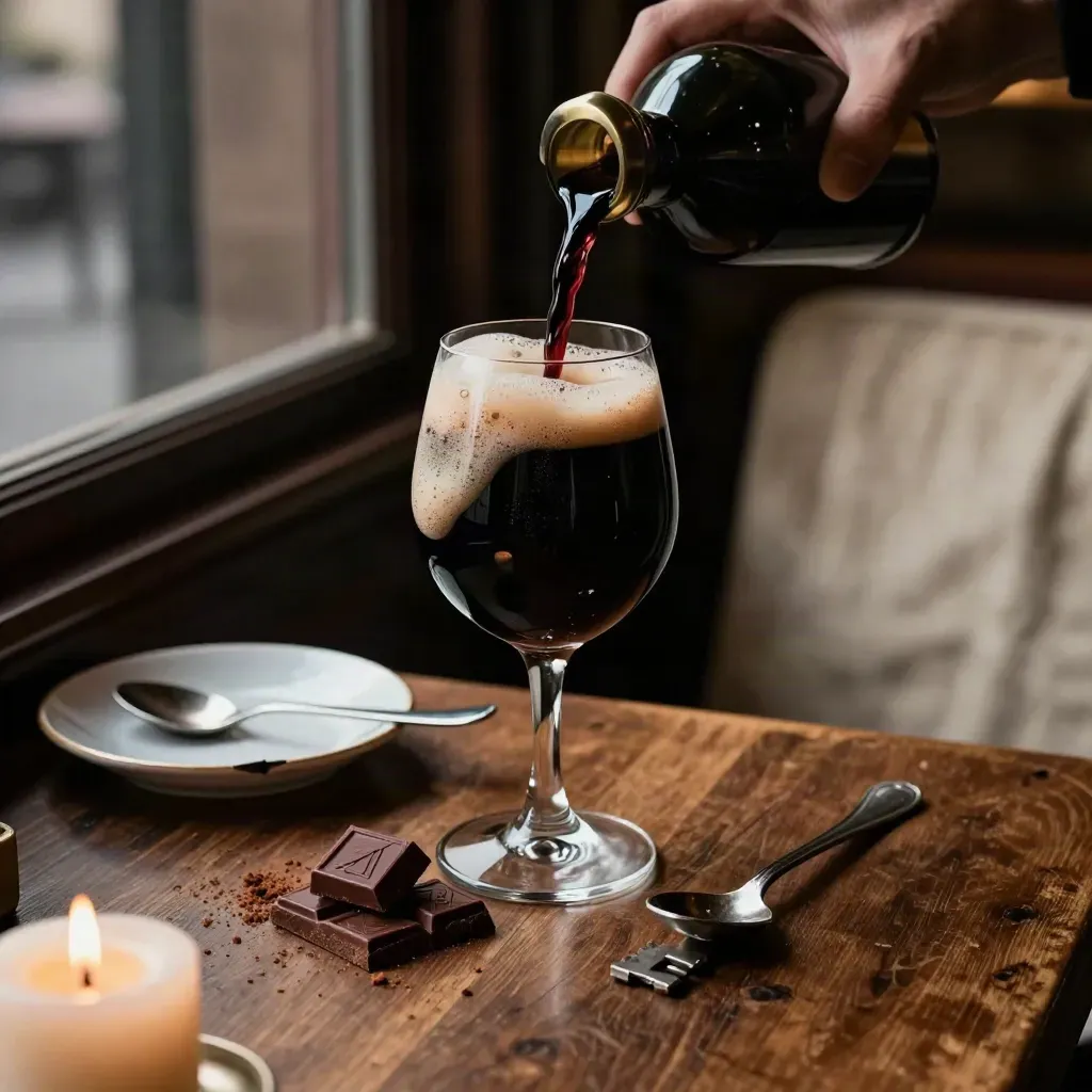 Birra stout versata in un bicchiere tulipano, con cioccolato fondente e cucchiaino su un tavolo da bistro.