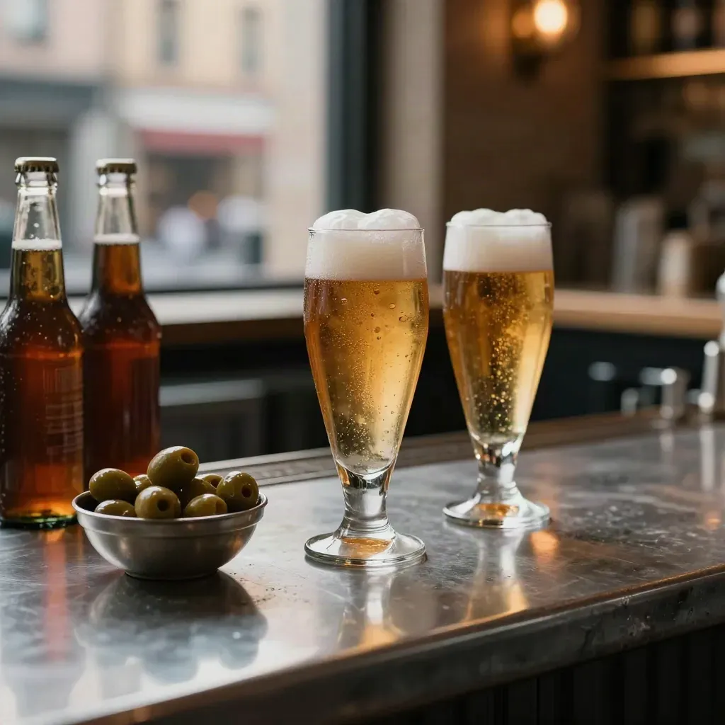 Due birre lager italiane con olive e bottiglie su bancone zincato, luce serale calda.