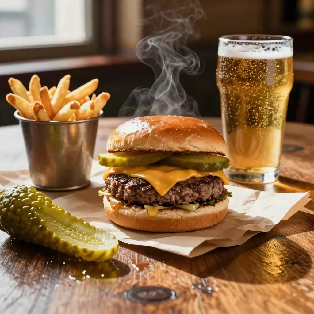 Hamburger da pub con patatine e pinta ambrata su tavolo in quercia, luce calda.