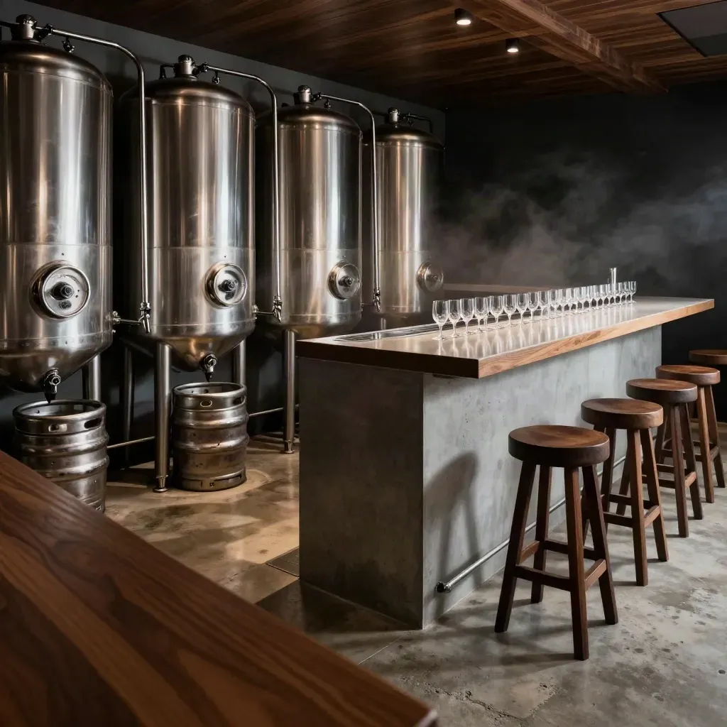 Interno di tap room milanese con fermentatori d'acciaio, banco lucido e bicchieri da assaggio.