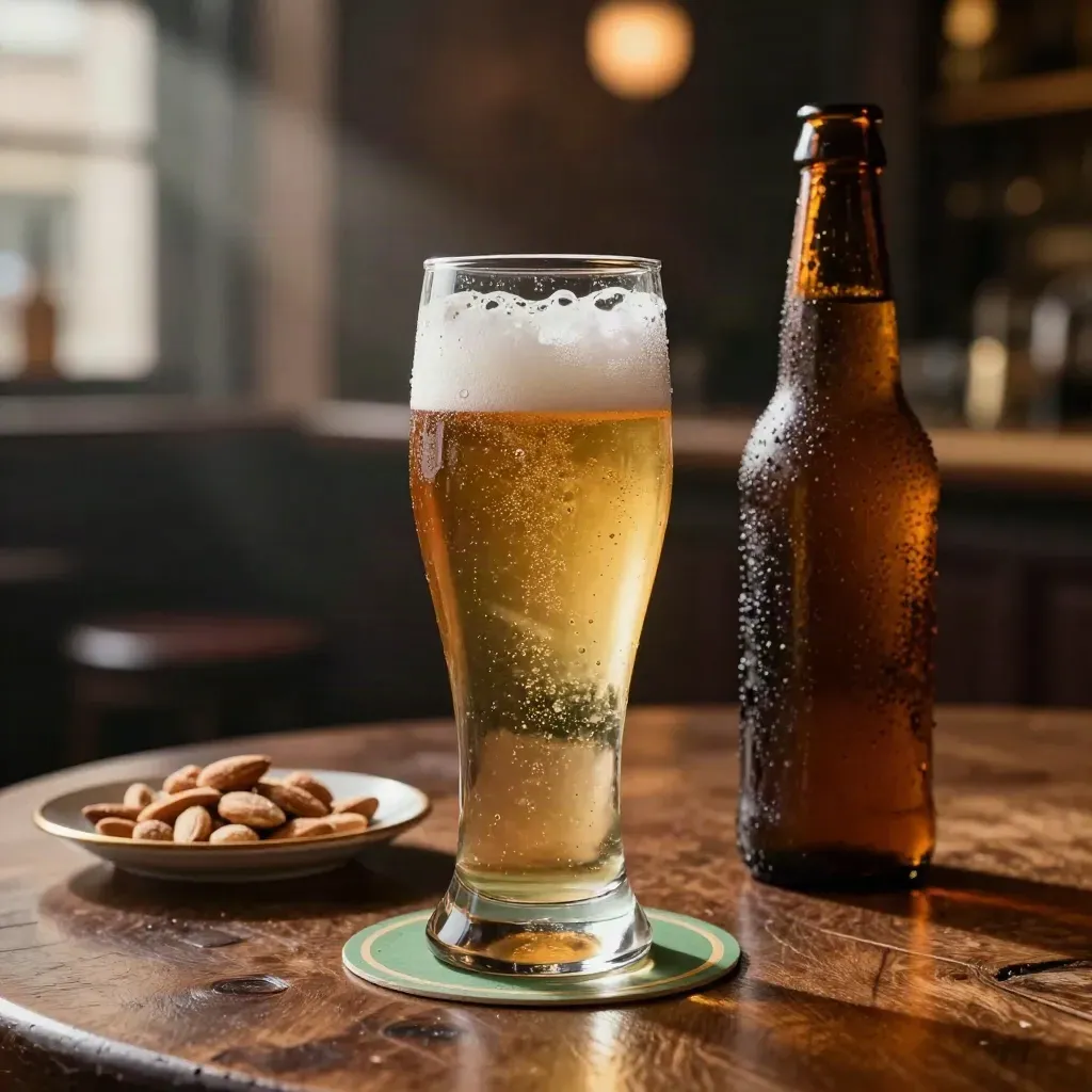 Birra chiara in calice con bottiglia fredda e mandorle su tavolino di legno