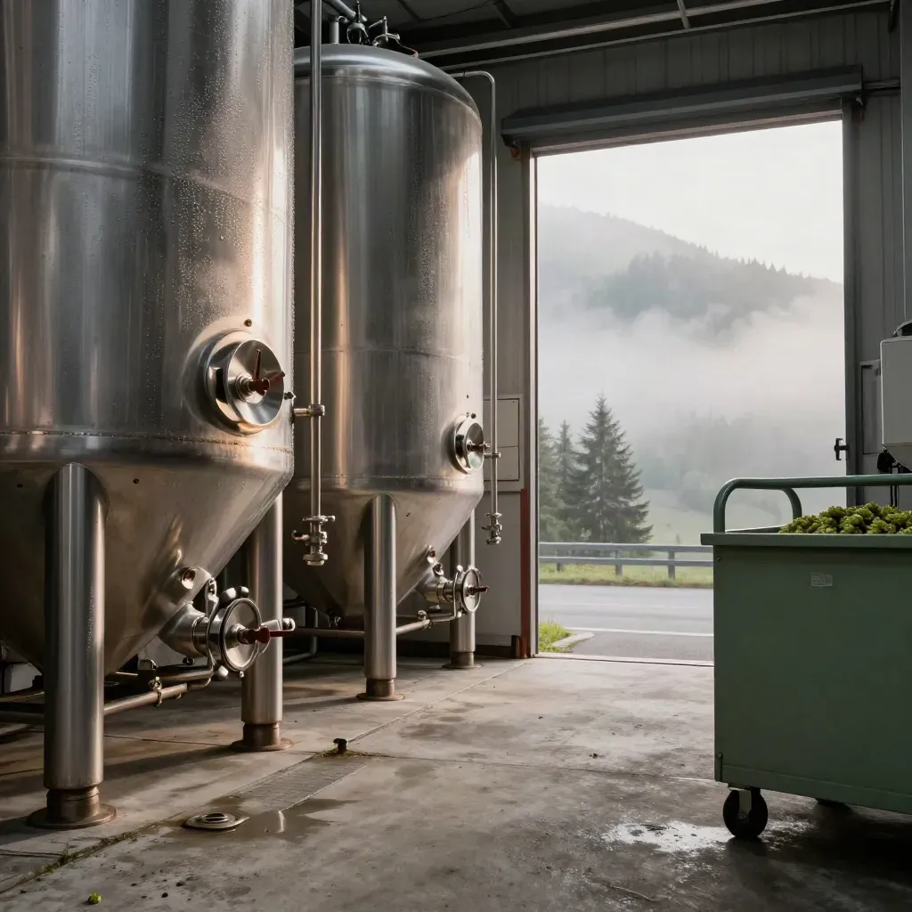 Tini d’acciaio in un birrificio trentino, nebbia dalla porta e abeti sullo sfondo