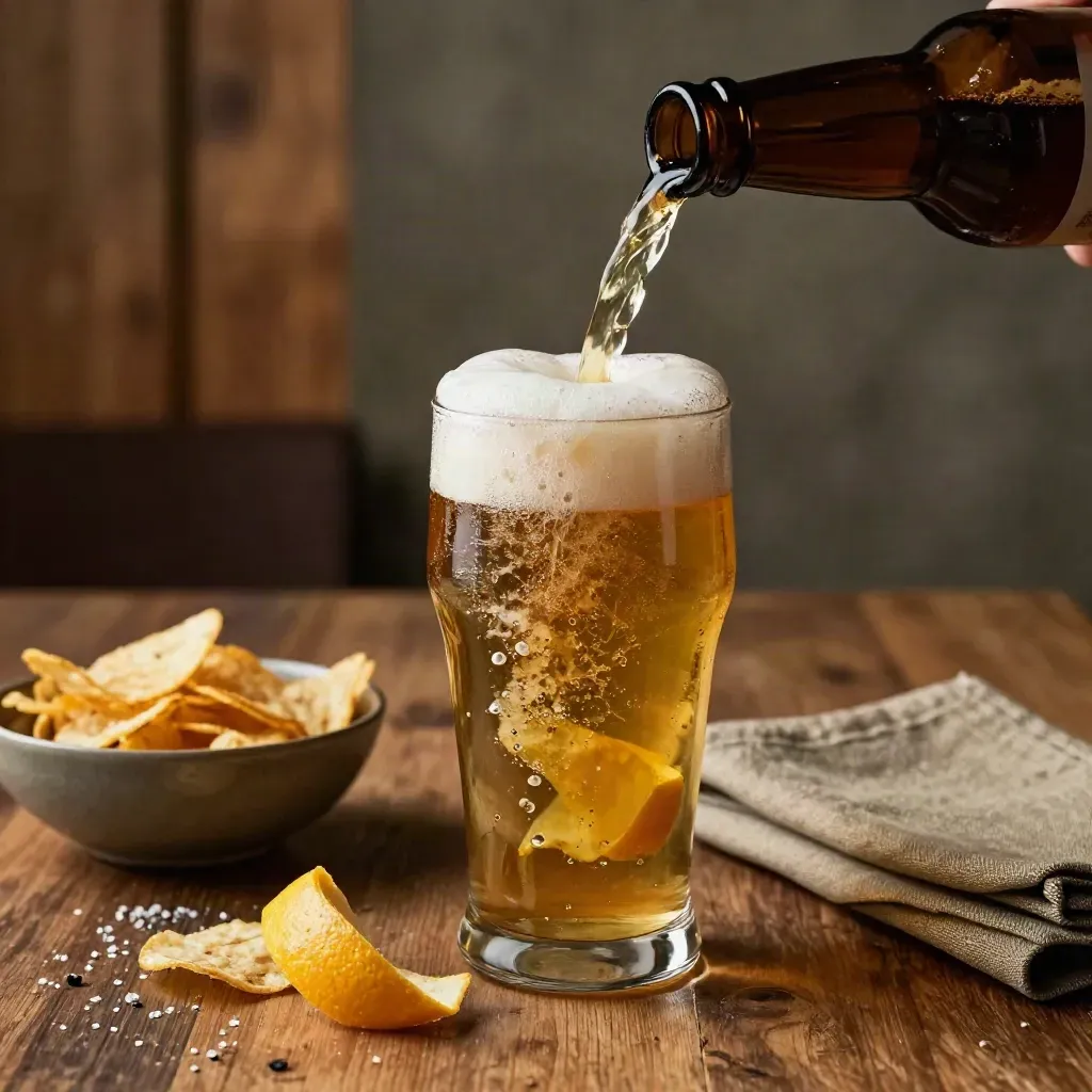 Birra ambrata versata in un bicchiere con scorza d’arancia, patatine e tovagliolo su tavolo da pub