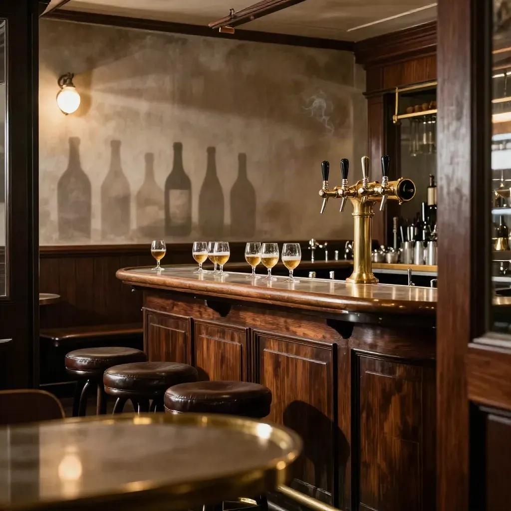 Interno di un pub storico torinese con bancone, spine in ottone e bicchieri mezzi pieni