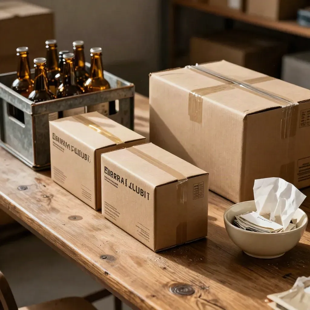 Scatole spedizione del club birra su tavolo rustico, luce calda e ombre morbide.