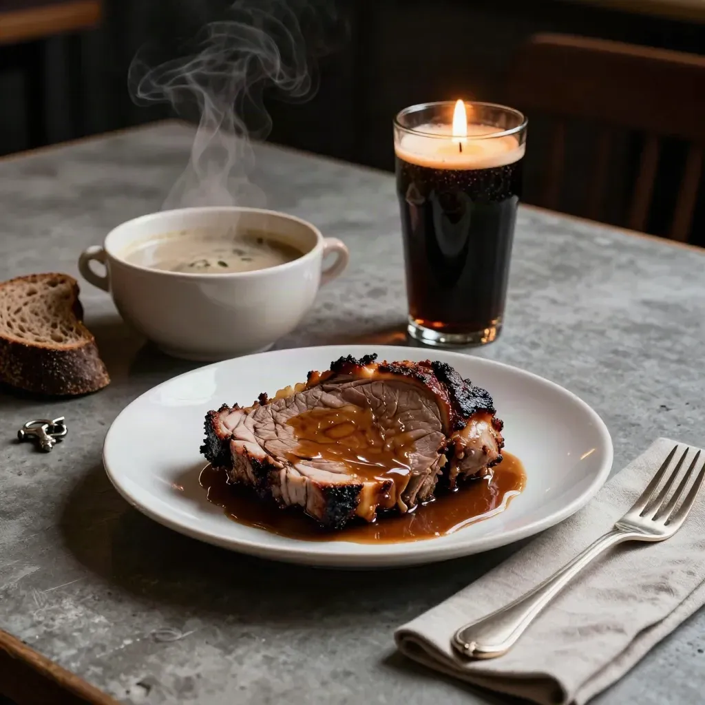 Tavola invernale con zuppa fumante, carne arrosto, pane scuro e birra stout alla candela.