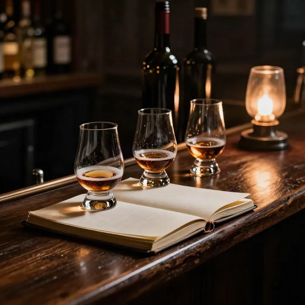 Ripiano di pub con bicchieri da degustazione, quaderno chiuso, sagome di bottiglie e lampada calda.