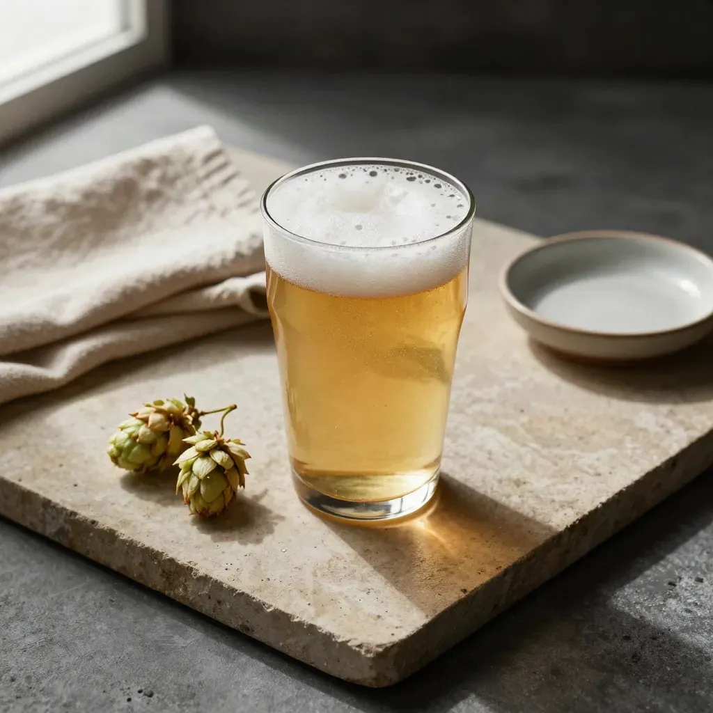 Bicchiere tulipano con birra chiara, luppolo, lino piegato e piccolo piatto in ceramica.