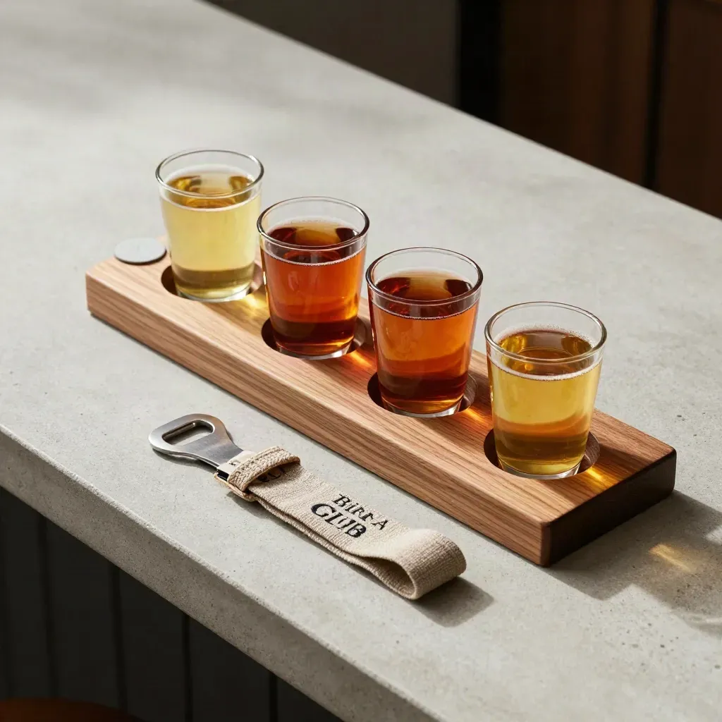 Vassoio di degustazione birra con quattro assaggi, apribottiglie e tessuto su pietra.