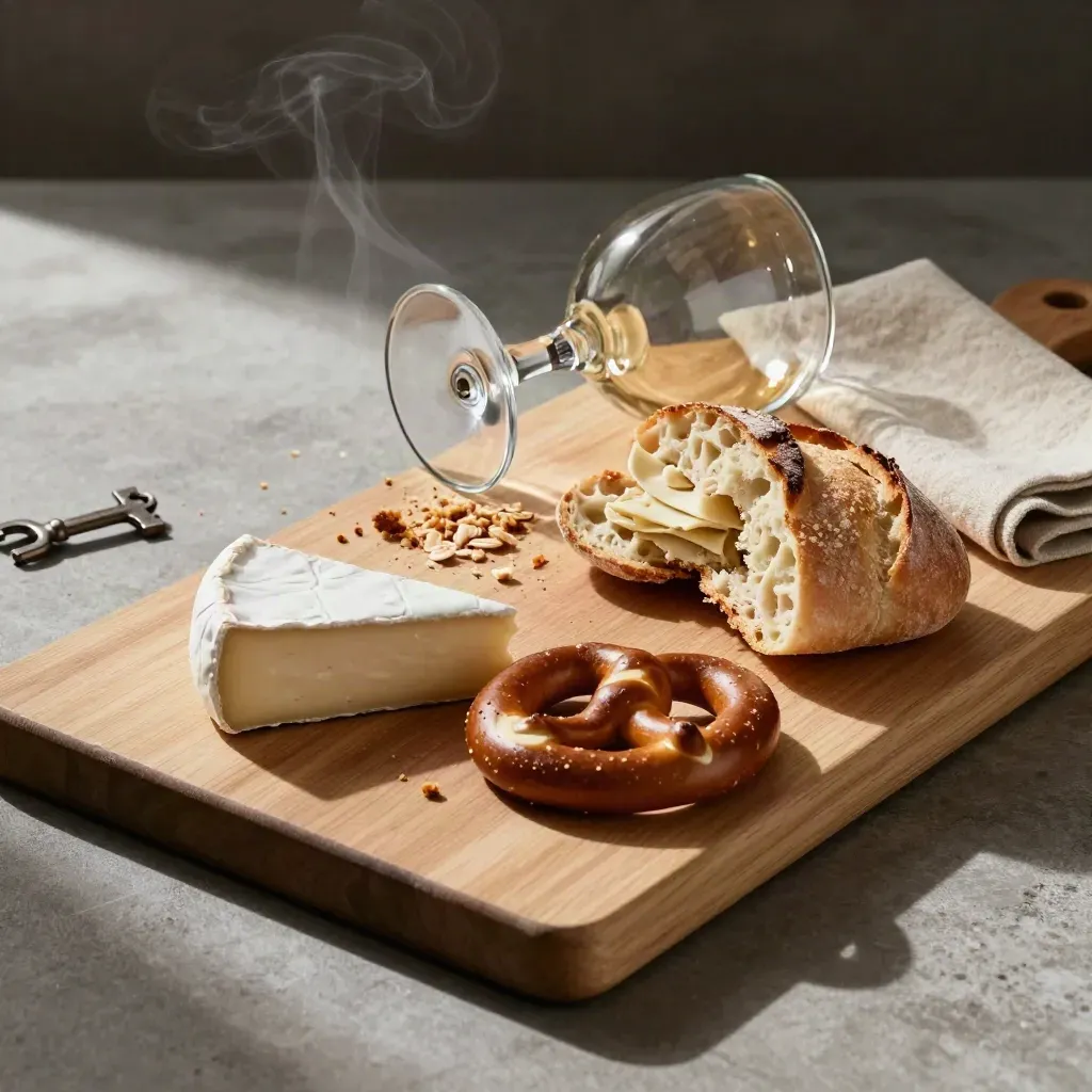 Tagliere con panino, formaggio, pretzel e bicchiere di birra su legno chiaro, luce calda.