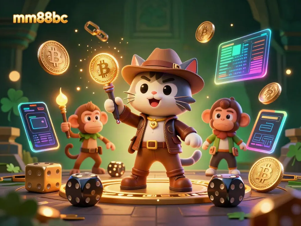 Engage in thrilling casino adventures with mm88bc in this vibrant 3D scene depicting an archaeologist cat discovering golden artifacts.