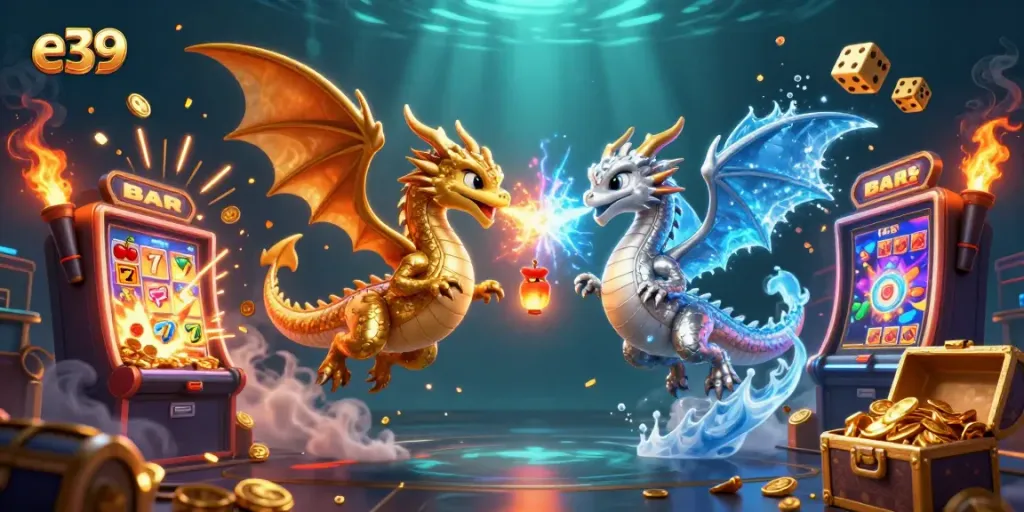 Engage with e39's exciting gaming experience featuring intertwined dragons and dynamic casino elements.