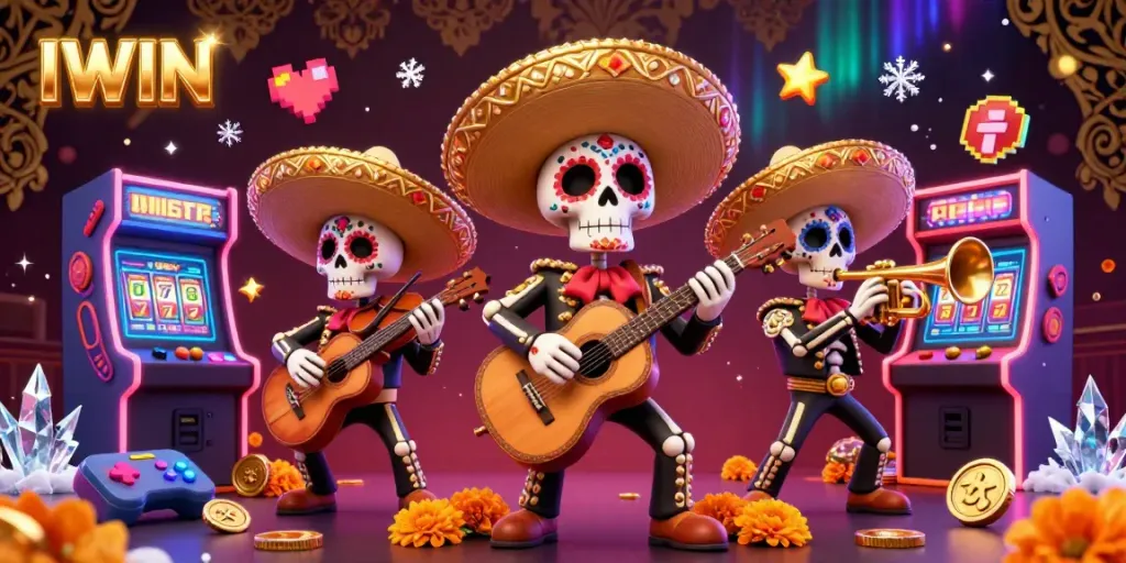 IWIN brings excitement as vibrant mariachi skeletons play under colorful casino lights.