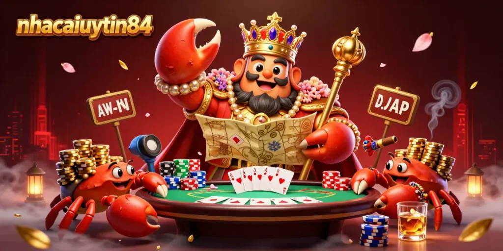 Engage with the vibrant world of nhacaiuytin84, featuring a golden crab emperor amidst poker elements in a dynamic casino scene.