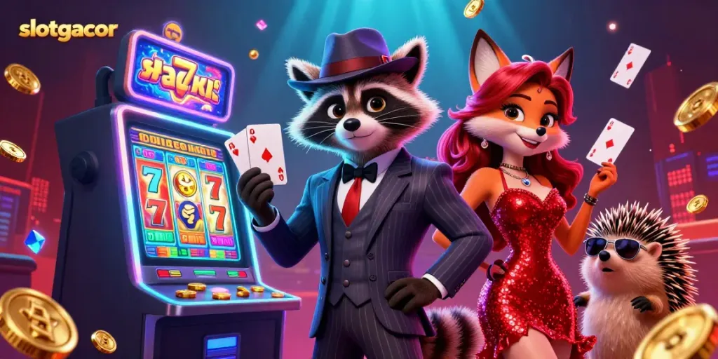 Experience slotgacor gaming with a suave raccoon, a dazzling fox, and a hedgehog bouncer in a vibrant casino scene.