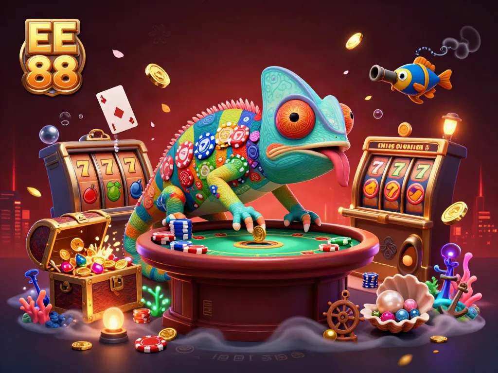 Experience the vibrant world of gambling at EE 88, featuring a dynamic chameleon casino owner and captivating game elements.
