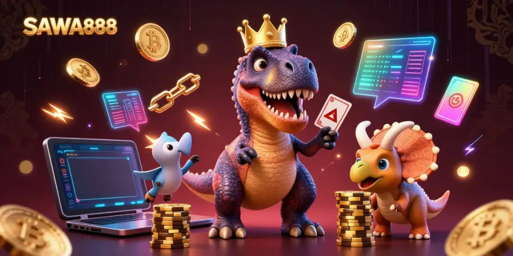 SAWA888 showcases a fun T-Rex and friends, shuffling cards and stacking chips in a vibrant casino scene.