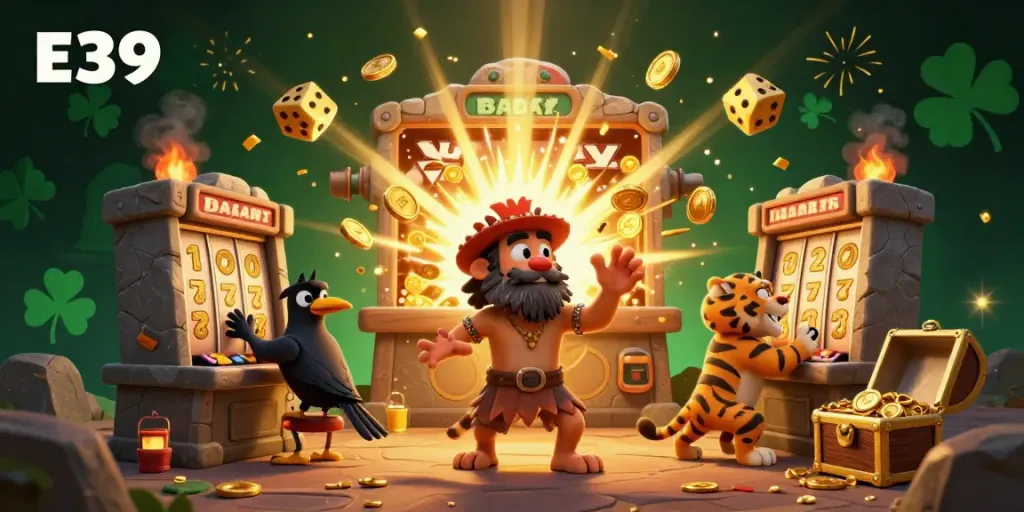 E39 casino features a lively prehistoric setting with a caveman, sabertooth tiger, and a clever crow enjoying games and jackpots.