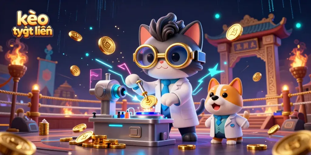 Engage in kèo trực tuyến action with a mad scientist cat and dog in a vibrant, dynamic casino environment.