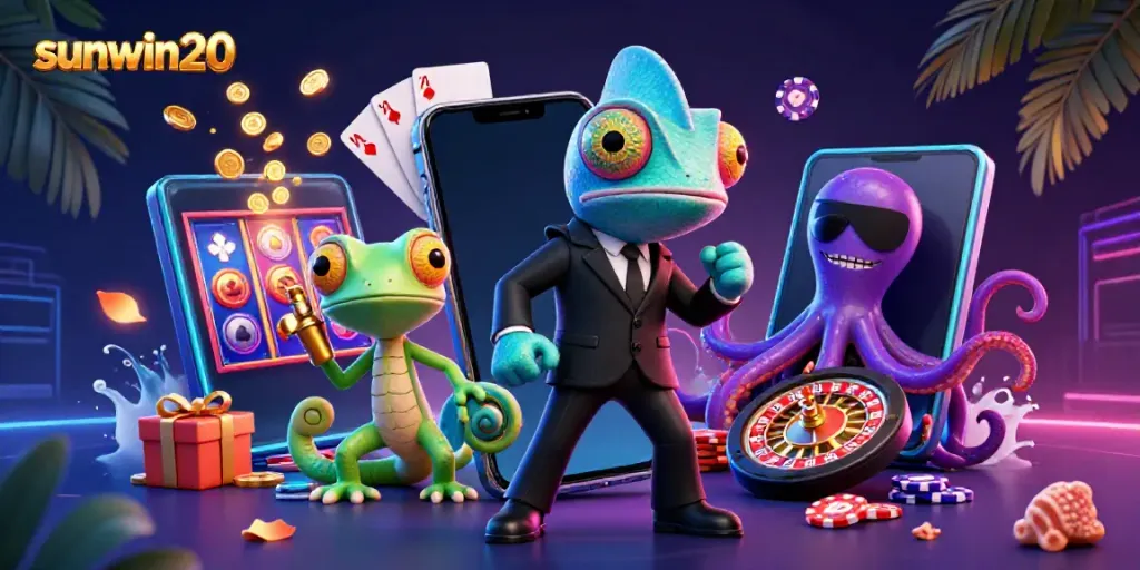 Engage with sunwin20's thrilling casino scene featuring vibrant slot machines and dynamic characters.