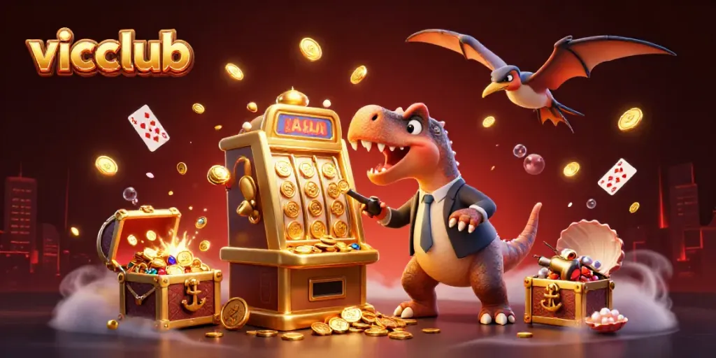 Experience vicclub’s thrilling jackpot moments with a dinosaur and exotic casino scene.