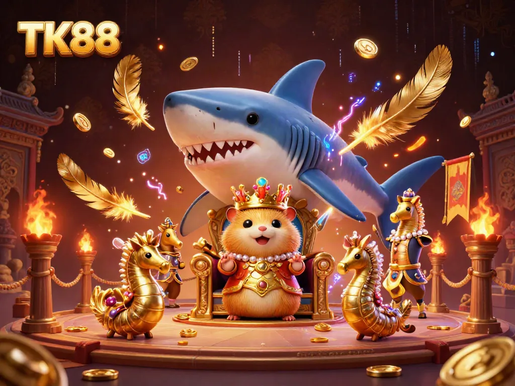 Experience excitement with TK88 in a vibrant casino scene featuring a fierce hamster king and dynamic game elements.