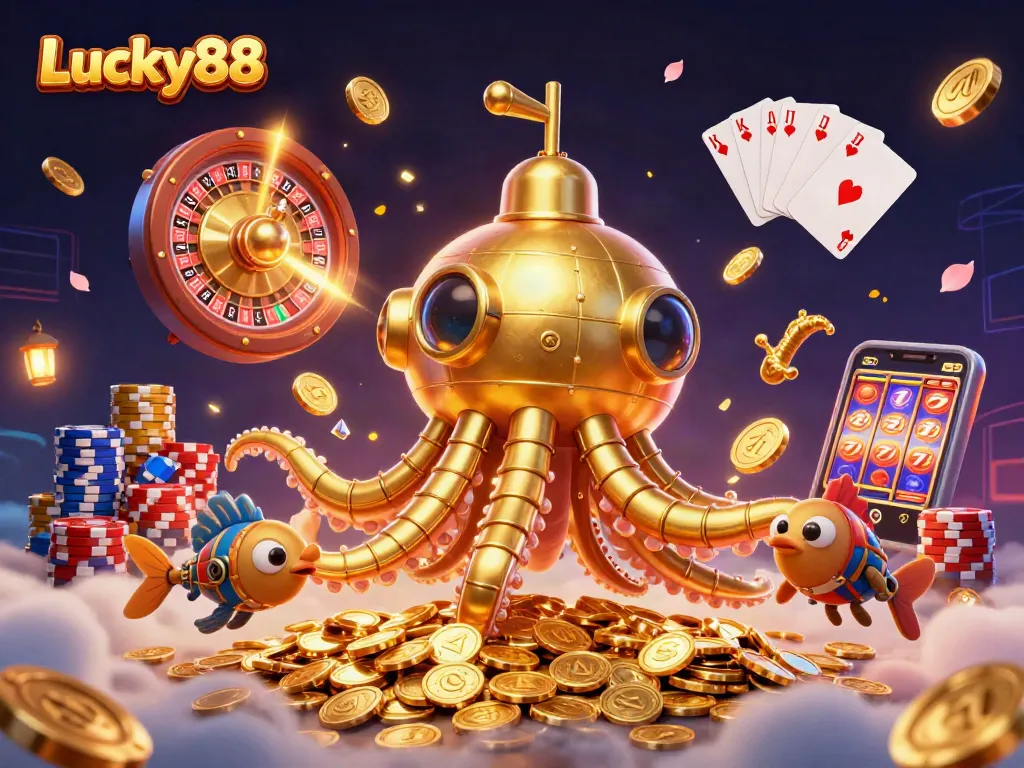 Engage in exciting gameplay with Lucky88, featuring a whimsical kraken submarine amidst cascading coins and vibrant casino elements.