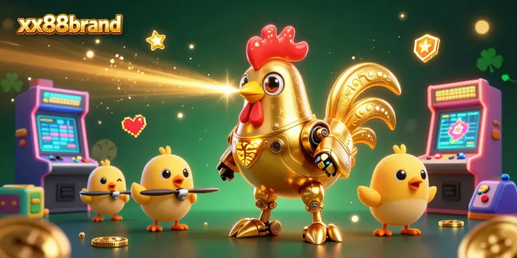 Engage with xx88brand's exciting gaming experience featuring a dynamic golden rooster robot and baby chick drones.
