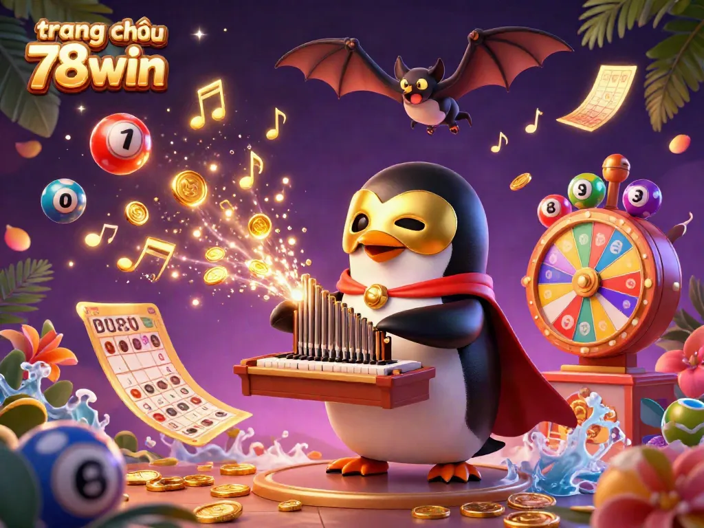 Experience the excitement of gambling with the vibrant 3D illustration of trang chủ 78win featuring lottery balls and a penguin character.