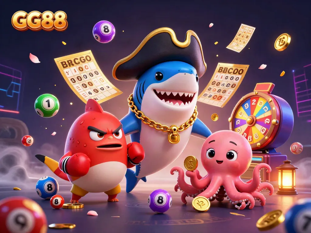 Join the fun at GG88 with a dynamic casino scene featuring a pirate shark, pufferfish, and octopus.