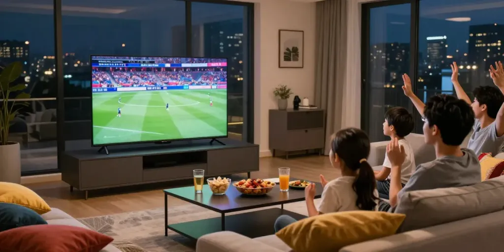 Miglior IPTV family enjoying a live sports event in a cozy living room.