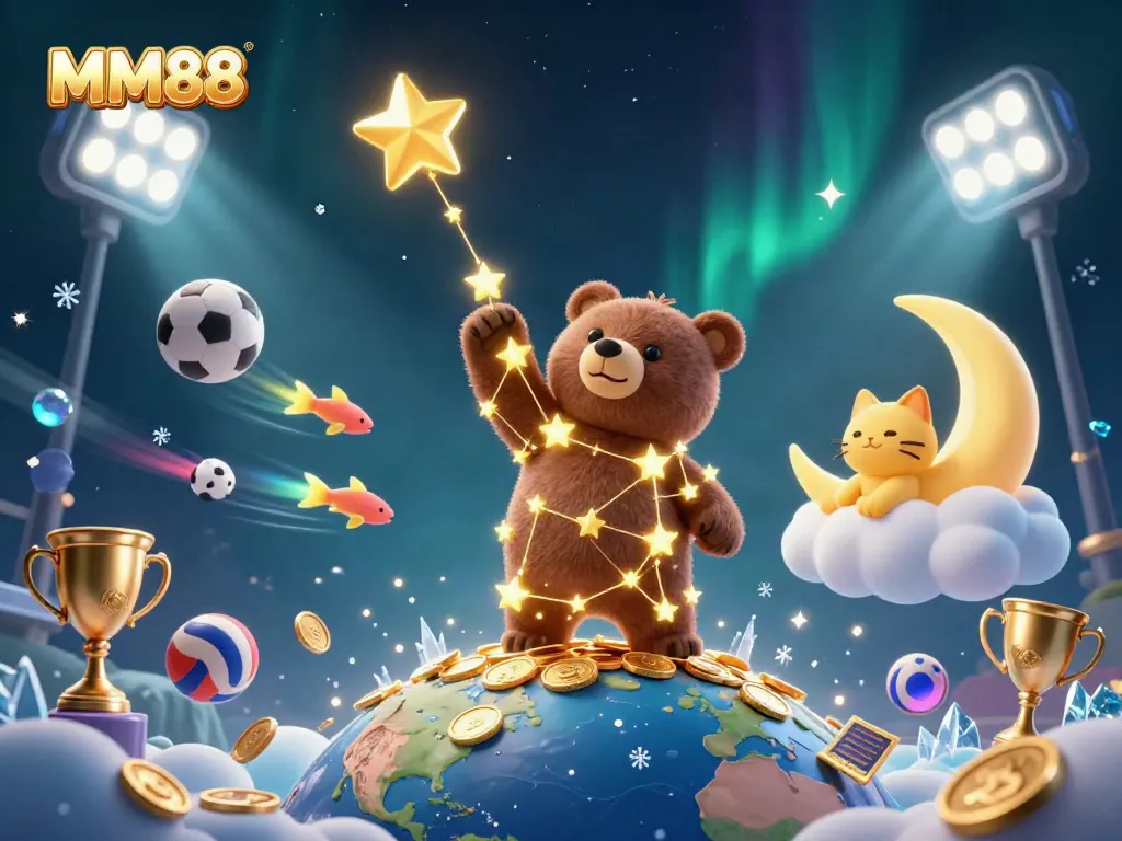 Experience the excitement of MM88 with a constellation bear scooping coins amidst vibrant sports themes.