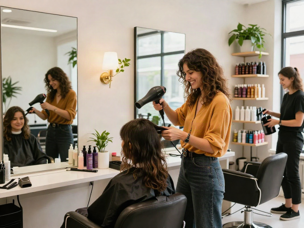 Stylish salon scene at https://carbonegroupparrucchieri.it/ with stylist and client enjoying a hair treatment in a vibrant atmosphere.