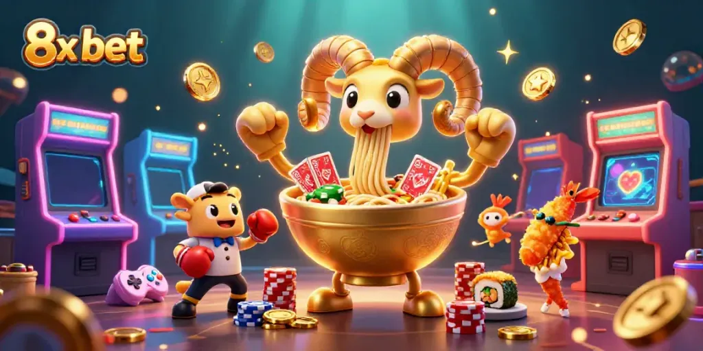 Engage with exciting 8x bet action featuring a golden ramen bowl character amidst vibrant arcade games.