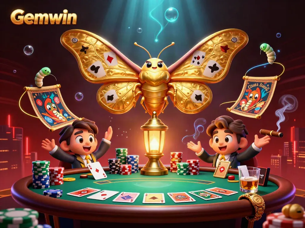 Win big with Gemwin in this vibrant casino scene featuring playful moths and game elements.