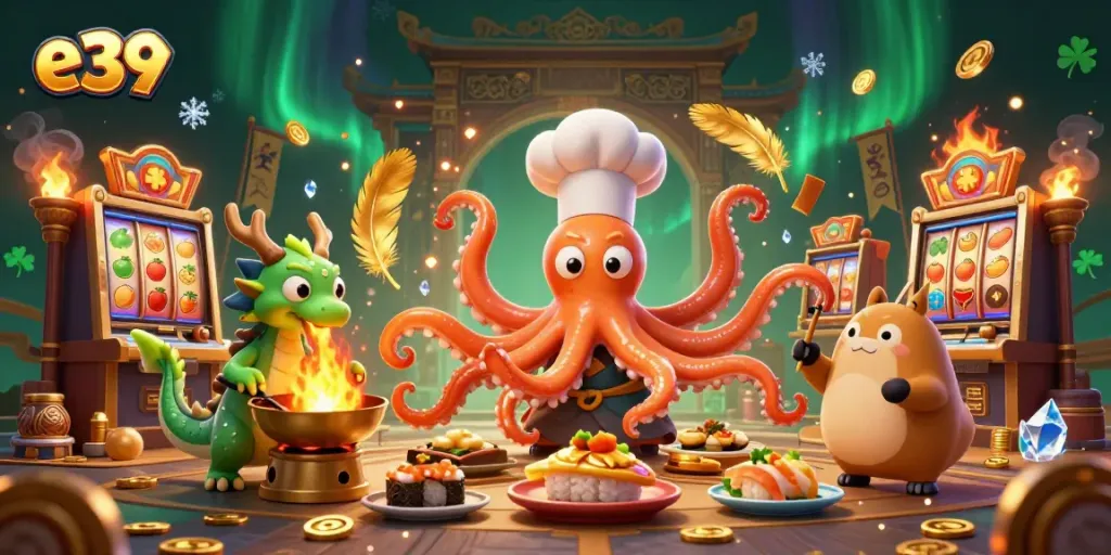 Experience the excitement of e39 with a vibrant scene of an octopus chef and dragon in a casino setting.