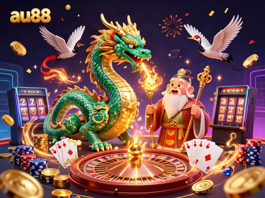 Experience the excitement of au88 with a lively 3D scene showcasing casino elements and lucky symbols.